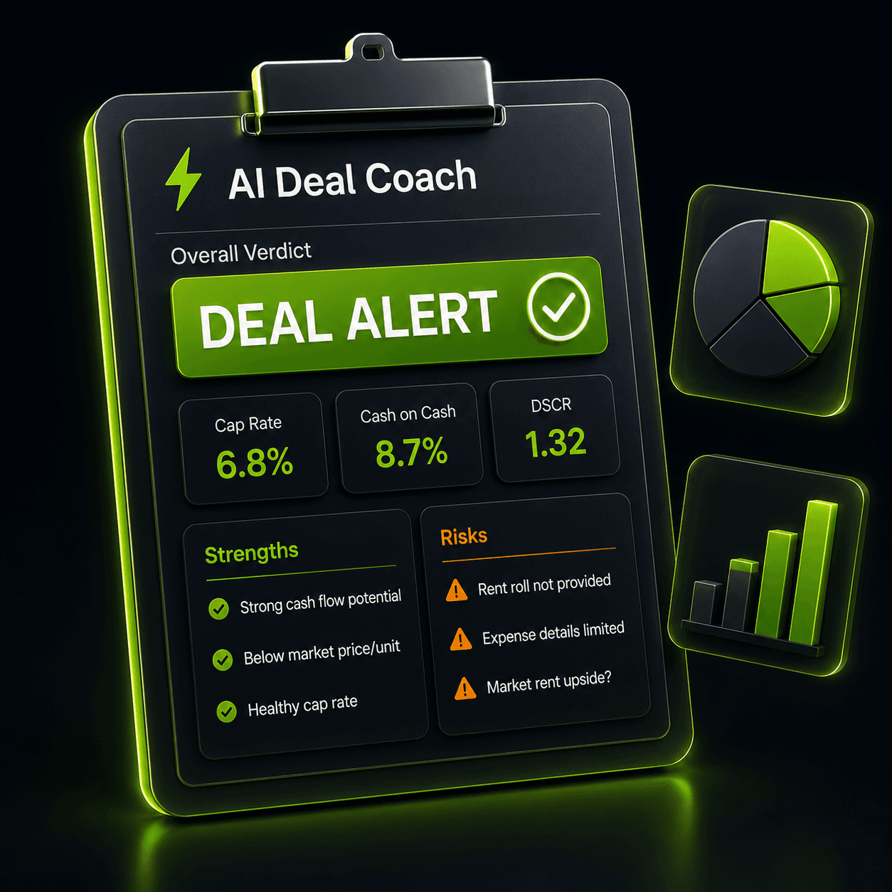 AI Deal Coach report showing deal verdict, key metrics, strengths, and risks