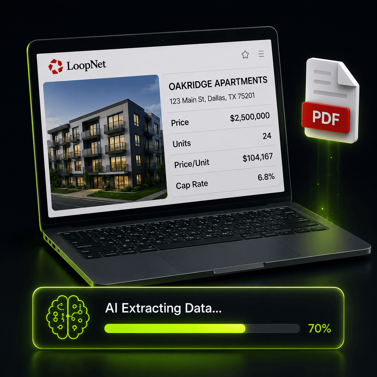 Laptop displaying a LoopNet multifamily listing with AI extracting financial data